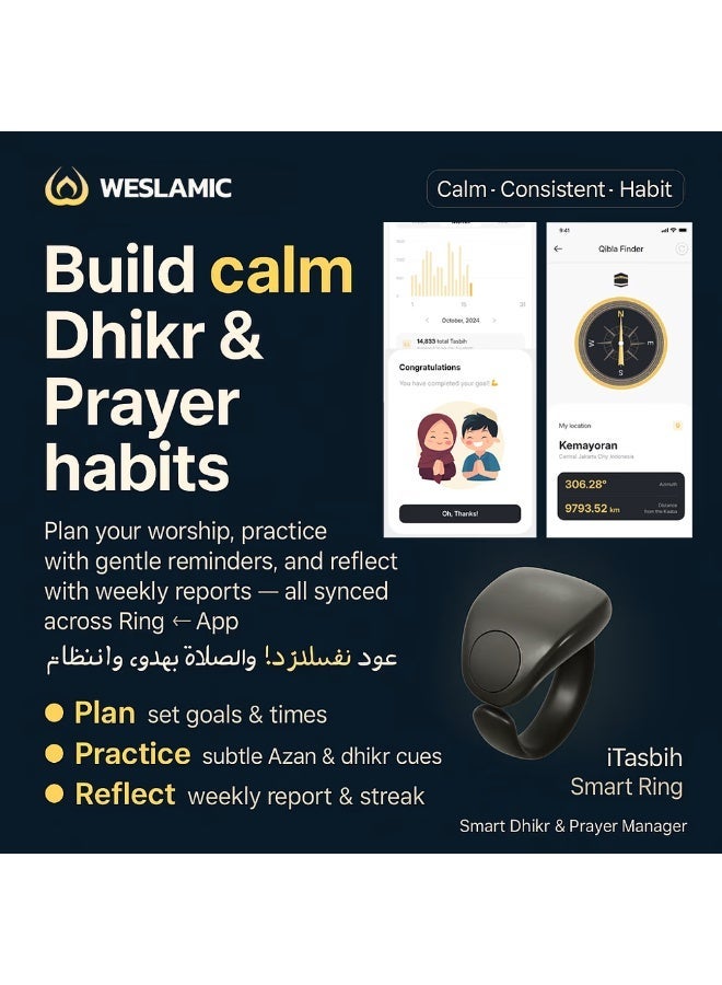 ويسلاميك خاتم ذكي Weslamic iTasbih Salam+ – عدّاد مسبحة رقمي، تتبع الأذكار والصلاة، تطبيق بلوتوث، 3 مقاسات قابلة للتعديل، خاتم صلاة للمسلمين - Image 4